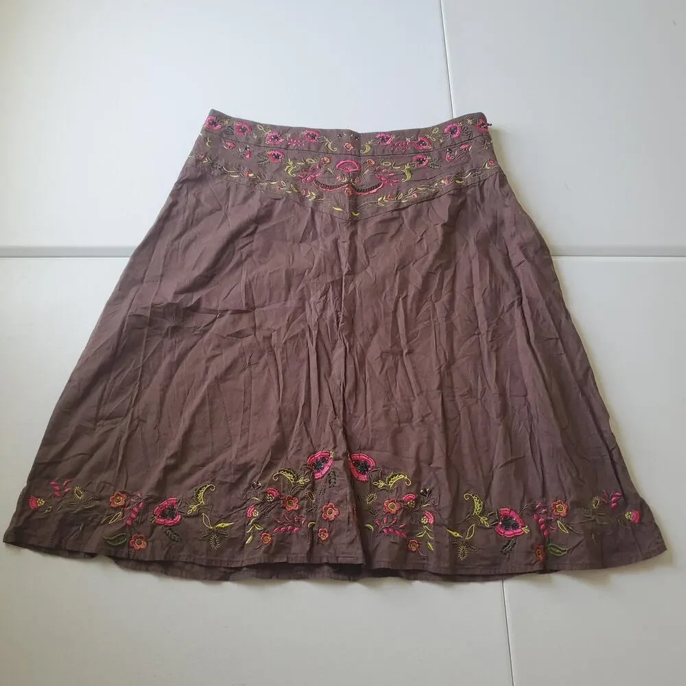 Y2K Fairy Grunge Whimsy Skirt Womens 12 Brown Embroidered Floral Boho Spring - Picture 1 of 8